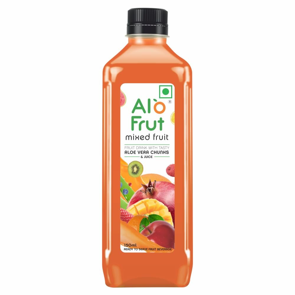 Alo frut Mixed Fruit Drink with Tasty Aloevera Chunks & Juice| Goodness of Fruits and Aloevera | Ready-to-Serve Fruit Juice| Mixed Fruit Juice-150ml (Pack of 60)