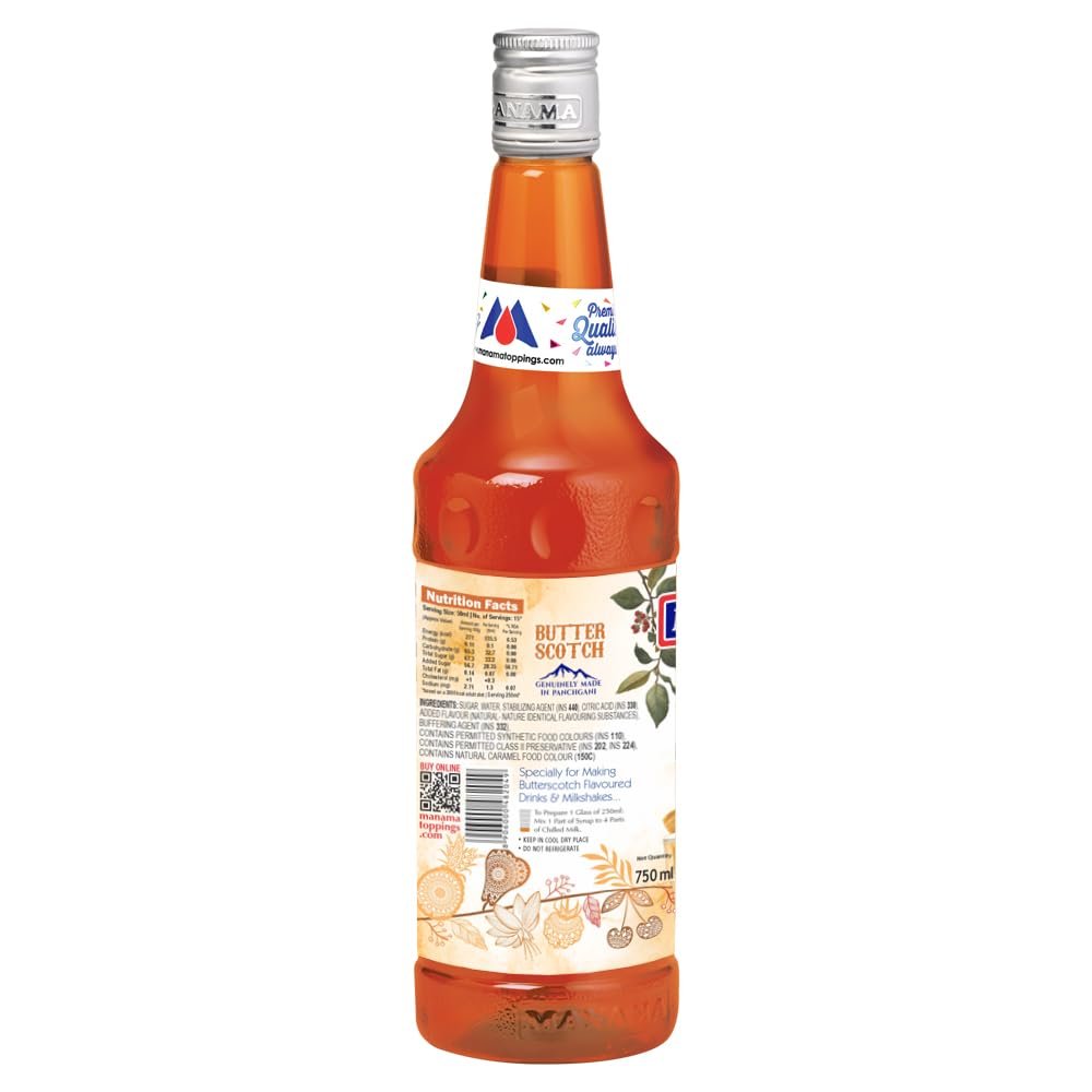 Manama Butterscotch Syrup | Mixer for Mocktails, Cocktails, Drinks, Juices, Beverages | Non Alcoholic Mix 750ML Bottle - Image 2