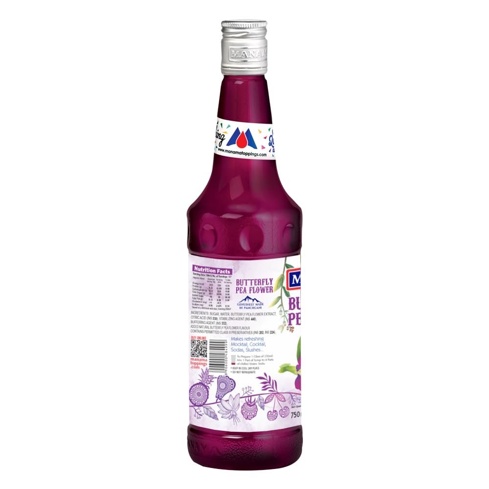 Manama Butterfly Pea Flower Syrup | Mixer for Mocktails, Cocktails, Drinks, Juices, Beverages | Non Alcoholic Mix 750ML Bottle - Image 2