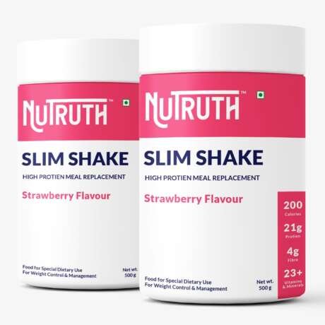 NUTRUTH-High Protein Meal Replacement Strawberry Flavoured Slim Shake | 21Gm Protein/Serving | Weight Control & Management Protein Shake (500 Gm) (Pack of 2)