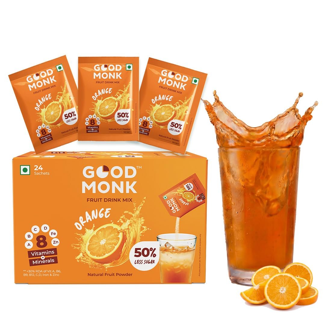 Good Monk Fruit Drink | Orange | 50% Less Sugar | 8 Nutrients | 24 Sachet