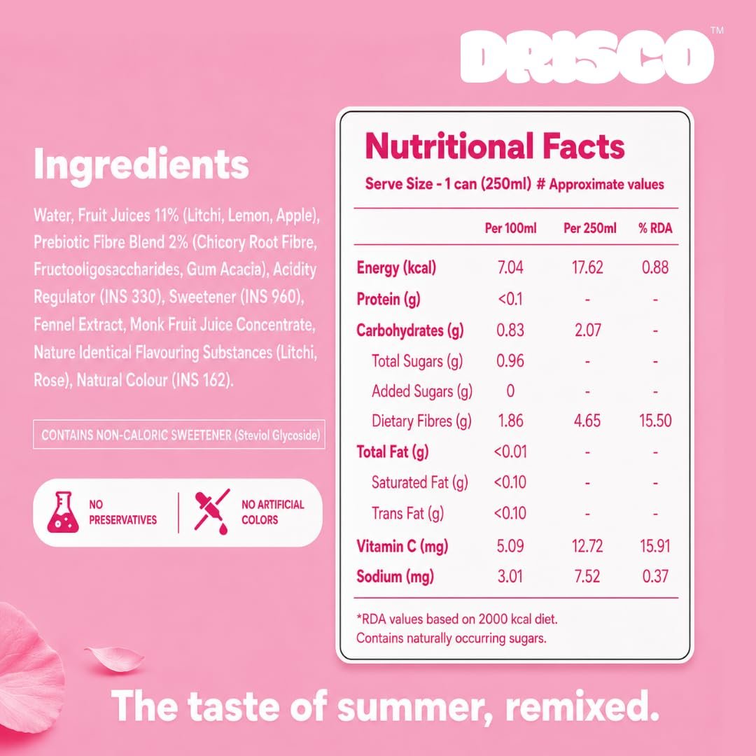 DRISCO Gulabi Litchi Prebiotic Fruit Drink , Pack of 6 x 250ml | Low Calorie (18 Kcal), 4.5g Fibre, Zero Added Sugar | Sweetened with Monk Fruit and Stevia | No Preservatives | Non-Carbonated Gut Health Drink | Rose Litchi - Image 4