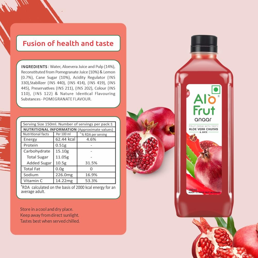 Alo frut Anaar (Pomegranate) Fruit Drink with Tasty Aloevera Chunks & Juice | Goodness of Fresh Fruits and Aloevera | Ready-to-Serve Fruit Juice - 150 ml (Pack of 55) - Image 5
