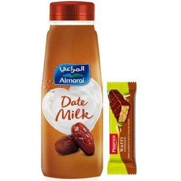 Almarai Date Milk Drink 225ml By COUGAR | Premium Real Date Flavor | High Calcium & Vitamin A & D | UHT Treated Fresh Cow’s Milk | Smooth, Creamy & Sweetened Beverage | Imported Middle Eastern Authentic Taste | FREE 1 Prestige Waffi Pistachio Wafer Bars –