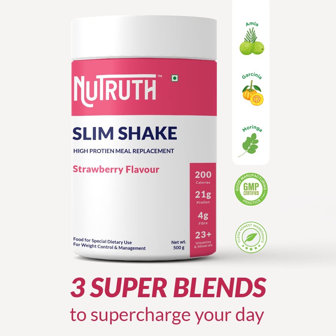 NUTRUTH-High Protein Meal Replacement Strawberry Flavoured Slim Shake | 21Gm Protein/Serving | Weight Control & Management Protein Shake (500 Gm) (Pack of 2) - Image 3