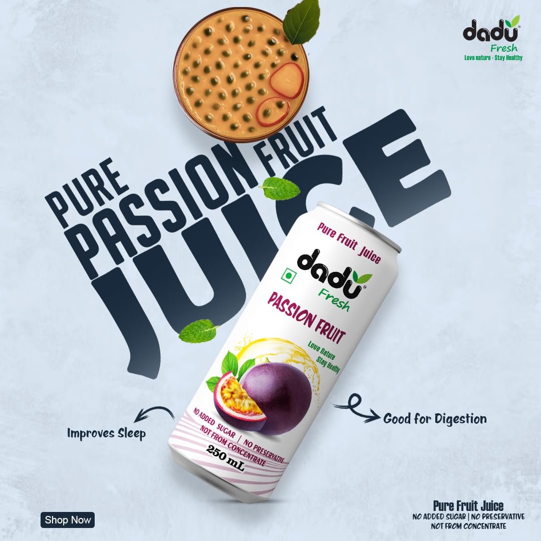 Dadu Fresh Passion Fruit Juice | Vitamin C & Antioxidant-Rich Exotic Drink | Supports Immune Health, Digestive Wellness & Skin Glow | No Added Sugar | Naturally Refreshing - 250 ML (Pack of 6) - Image 2