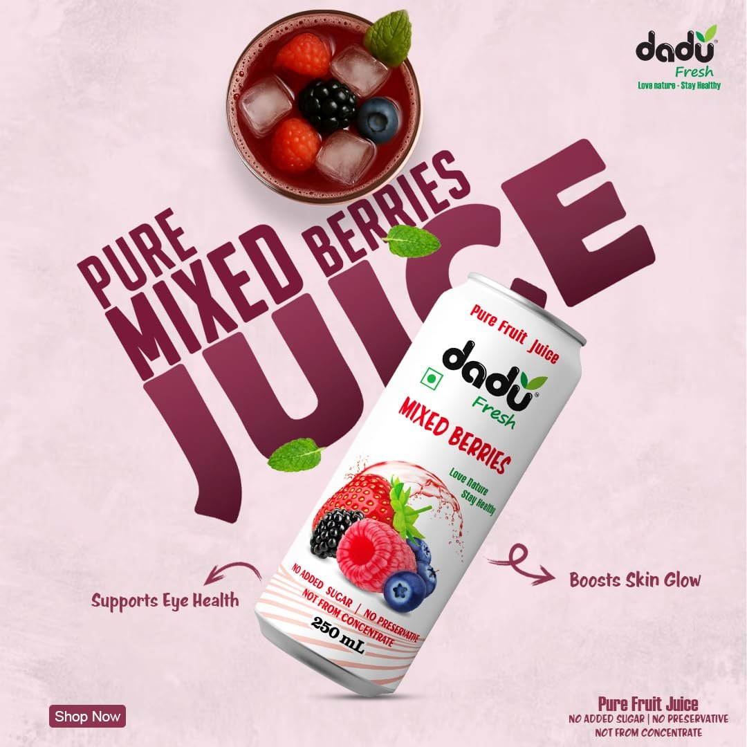 Dadu Fresh Mixed Berries Juice | Pure Natural Juice | Not from Concentrate | No Added Sugar | No Preservatives or Artificial Flavors | Blend of Strawberries, Blueberries, Mulberries & Raspberries | 250ml (Pack of 4) - Image 2