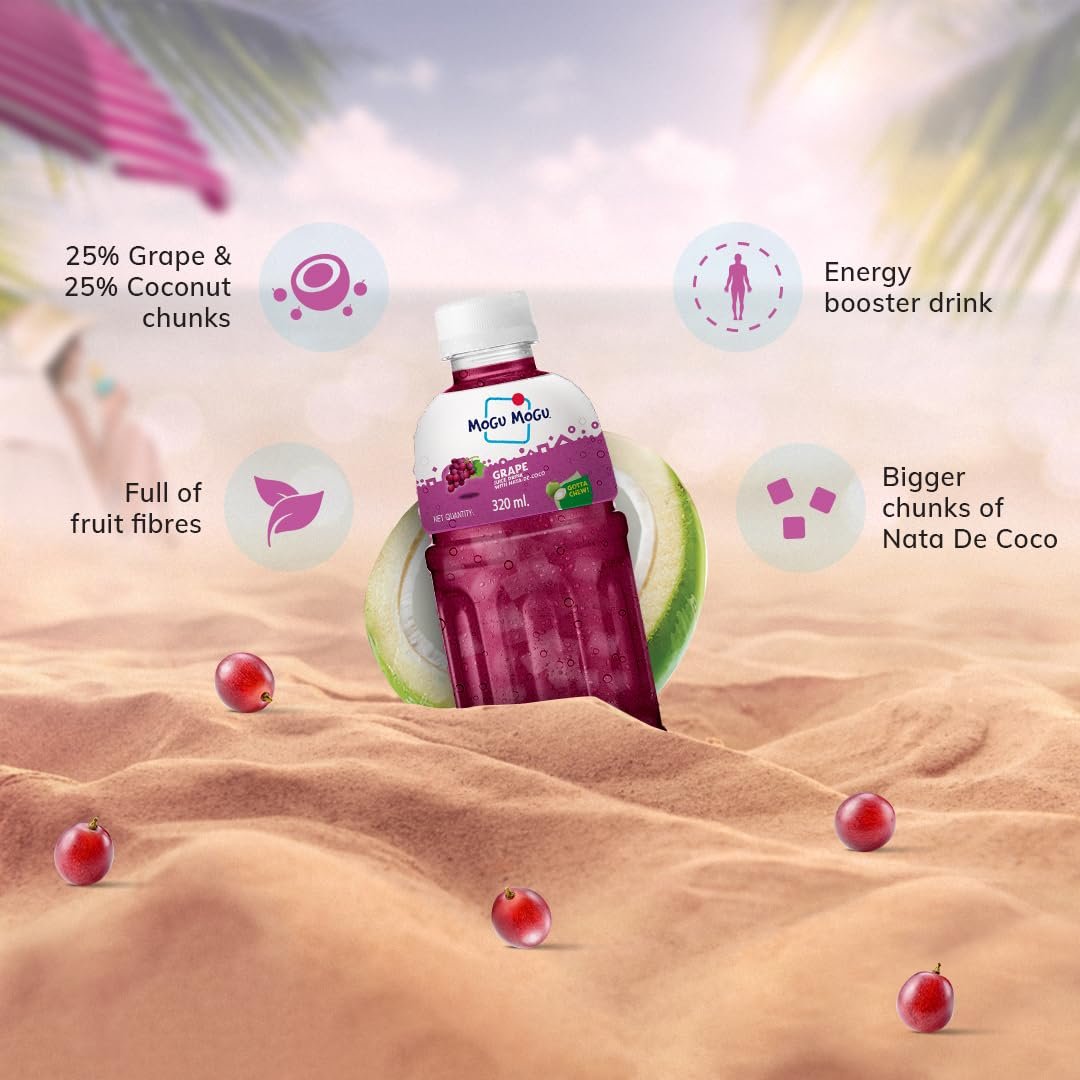 Mogu Mogu Grape Juice Drink with Nata de Coco Jelly 320ml (Pack of 6)| Refreshing Tropical Thai-Made Sip & Chew Beverage - Image 6