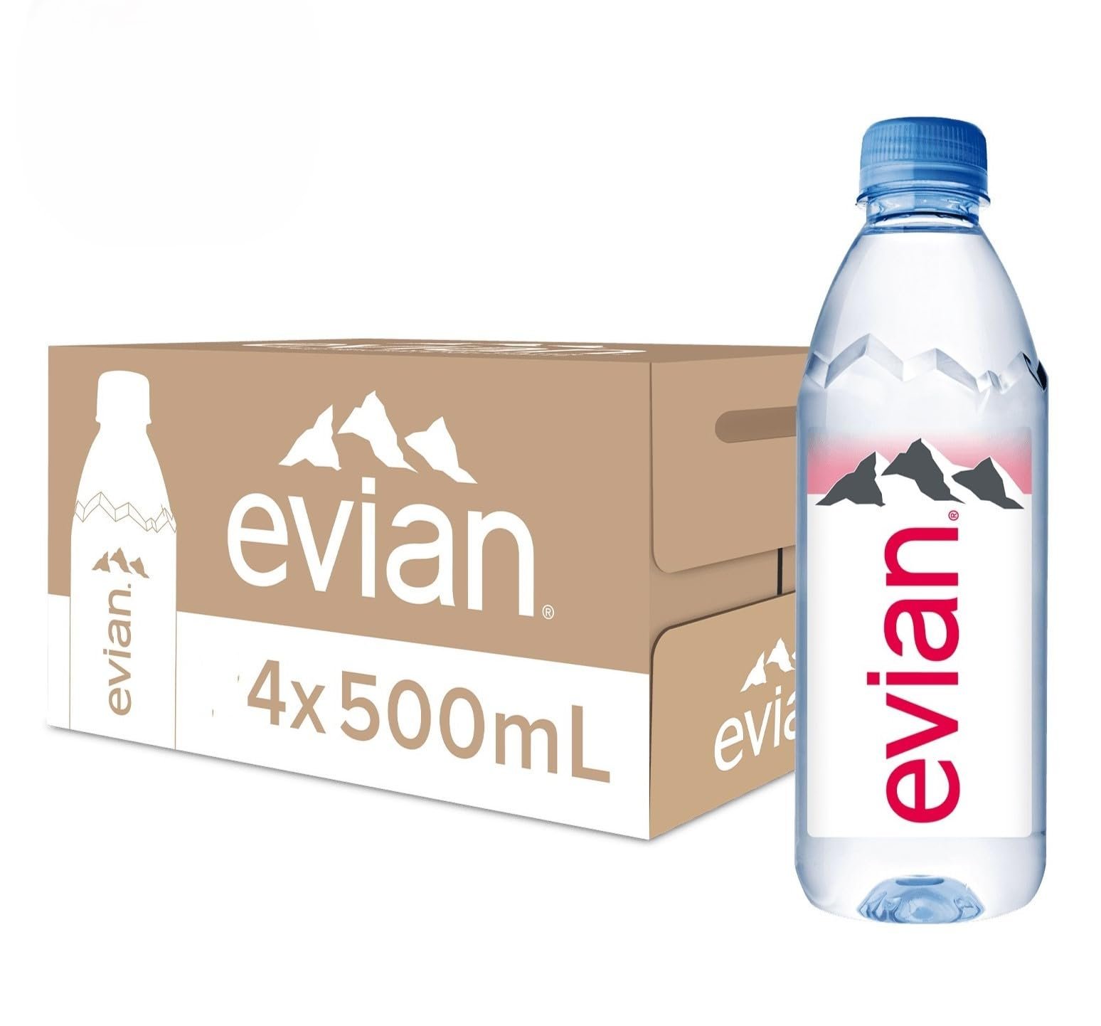 evian Natural Mineral Water Bottle, Drinking Water, 500ml, Case of 4