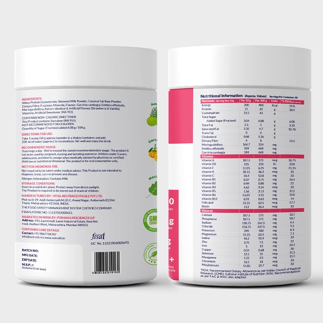NUTRUTH-High Protein Meal Replacement Strawberry Flavoured Slim Shake | 21Gm Protein/Serving | Weight Control & Management Protein Shake (500 Gm) (Pack of 2) - Image 2