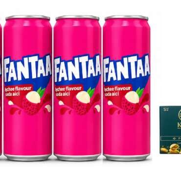 Fantaa Lychee Flavour Soda Aici, Refreshing Carbonated Soft Drink with Exotic Lychee Taste, 320ml Cans (Pack of 4)Get Free Flavourito Kunafa Pistachio Chocolate Bar, 20g By Decadent Foods,(Imported-Malaysia)