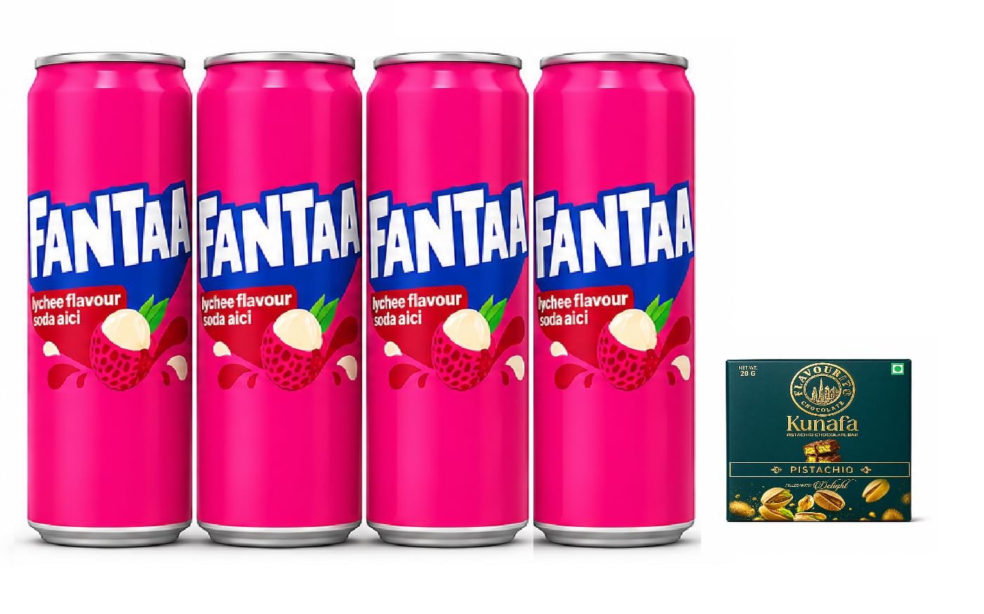 Fantaa Lychee Flavour Soda Aici, Refreshing Carbonated Soft Drink with Exotic Lychee Taste, 320ml Cans (Pack of 4)Get Free Flavourito Kunafa Pistachio Chocolate Bar, 20g By Decadent Foods,(Imported-Malaysia)