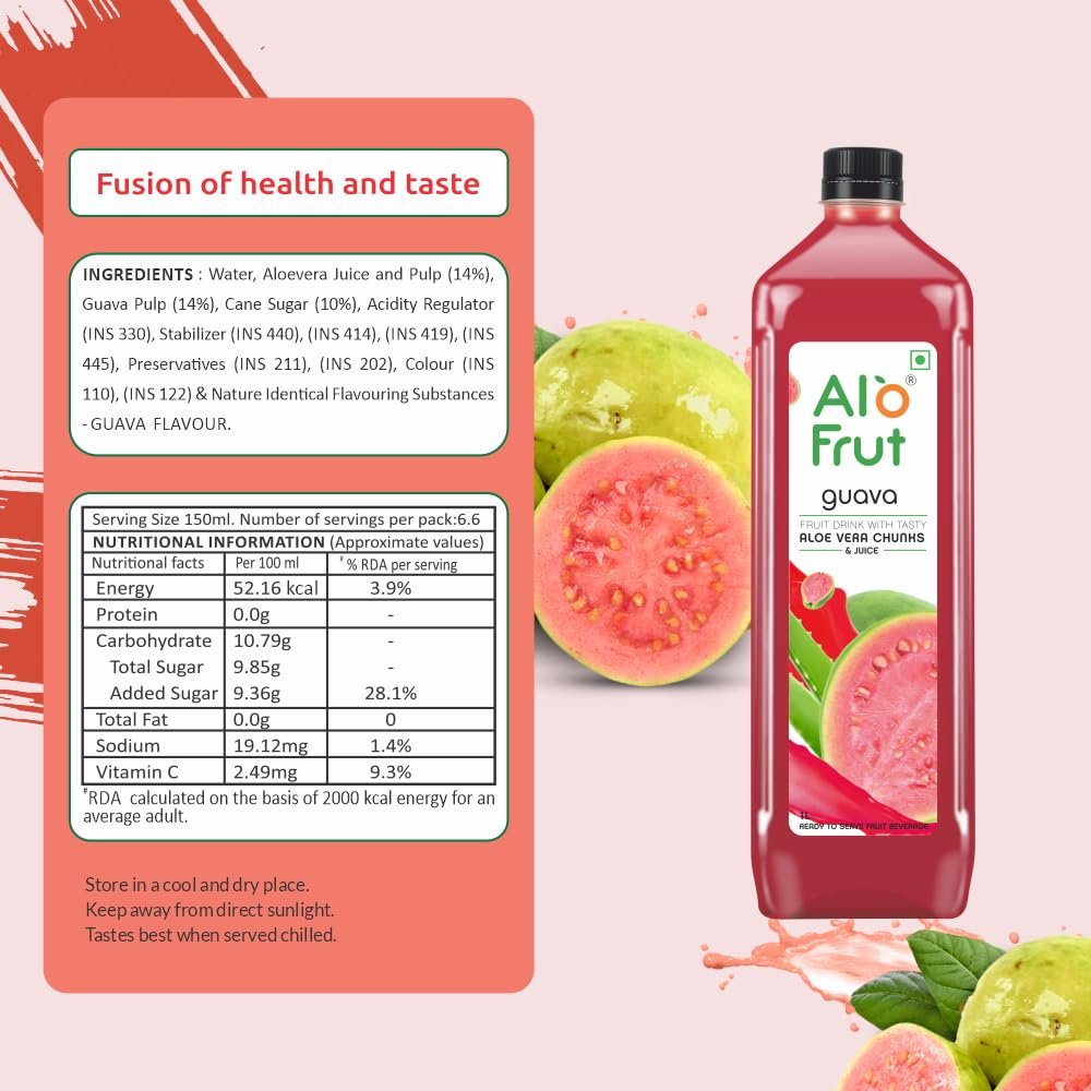 Alo frut Guava Fruit Drink with Tasty Aloevera Chunks & Juice|Goodness of Fruits and Aloevera Chunks|Ready-to-Serve Fruit Juice -1000ml (Pack of 12) - Image 4