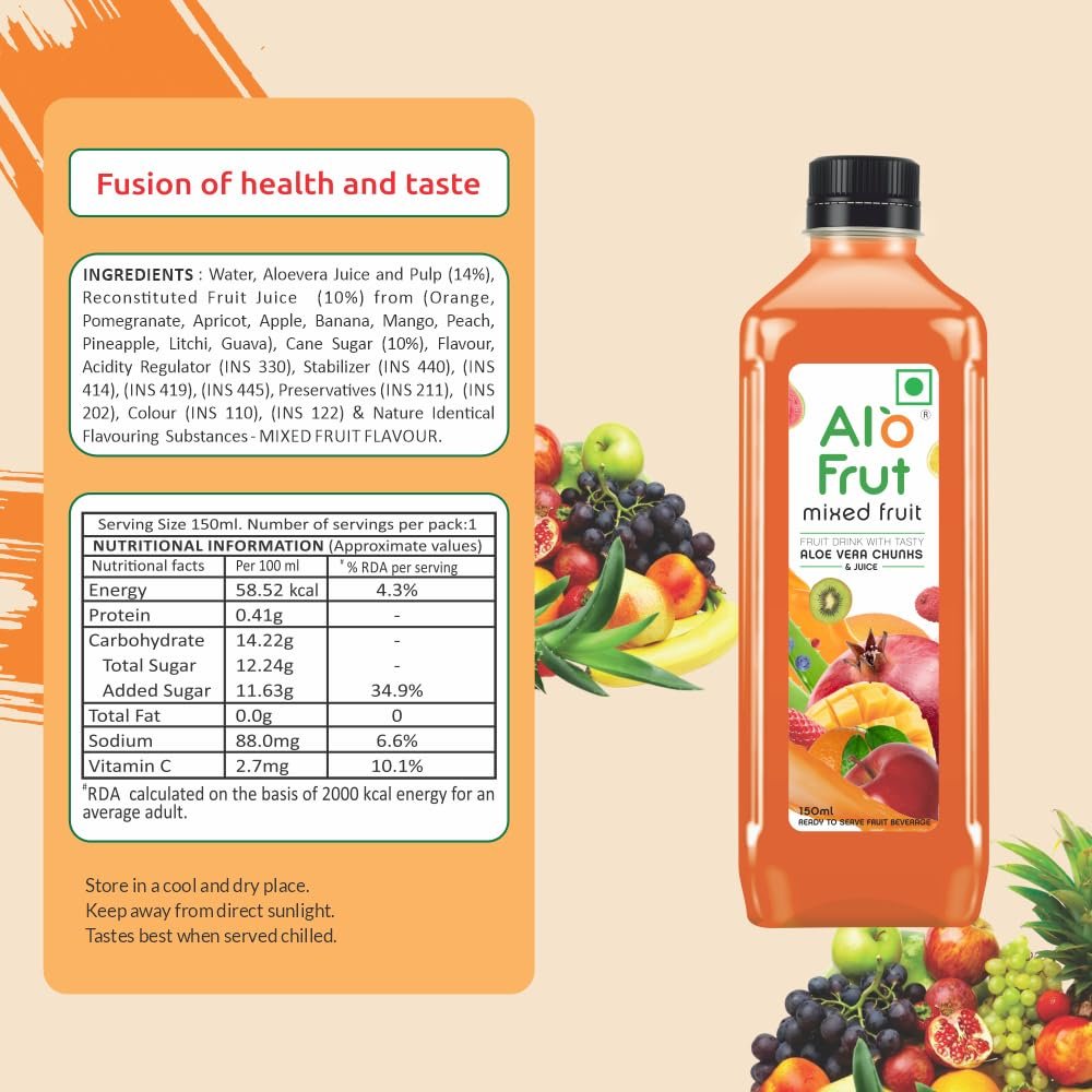 Alo frut Mixed Fruit Drink with Tasty Aloevera Chunks & Juice| Goodness of Fruits and Aloevera | Ready-to-Serve Fruit Juice| Mixed Fruit Juice-150ml (Pack of 60) - Image 5
