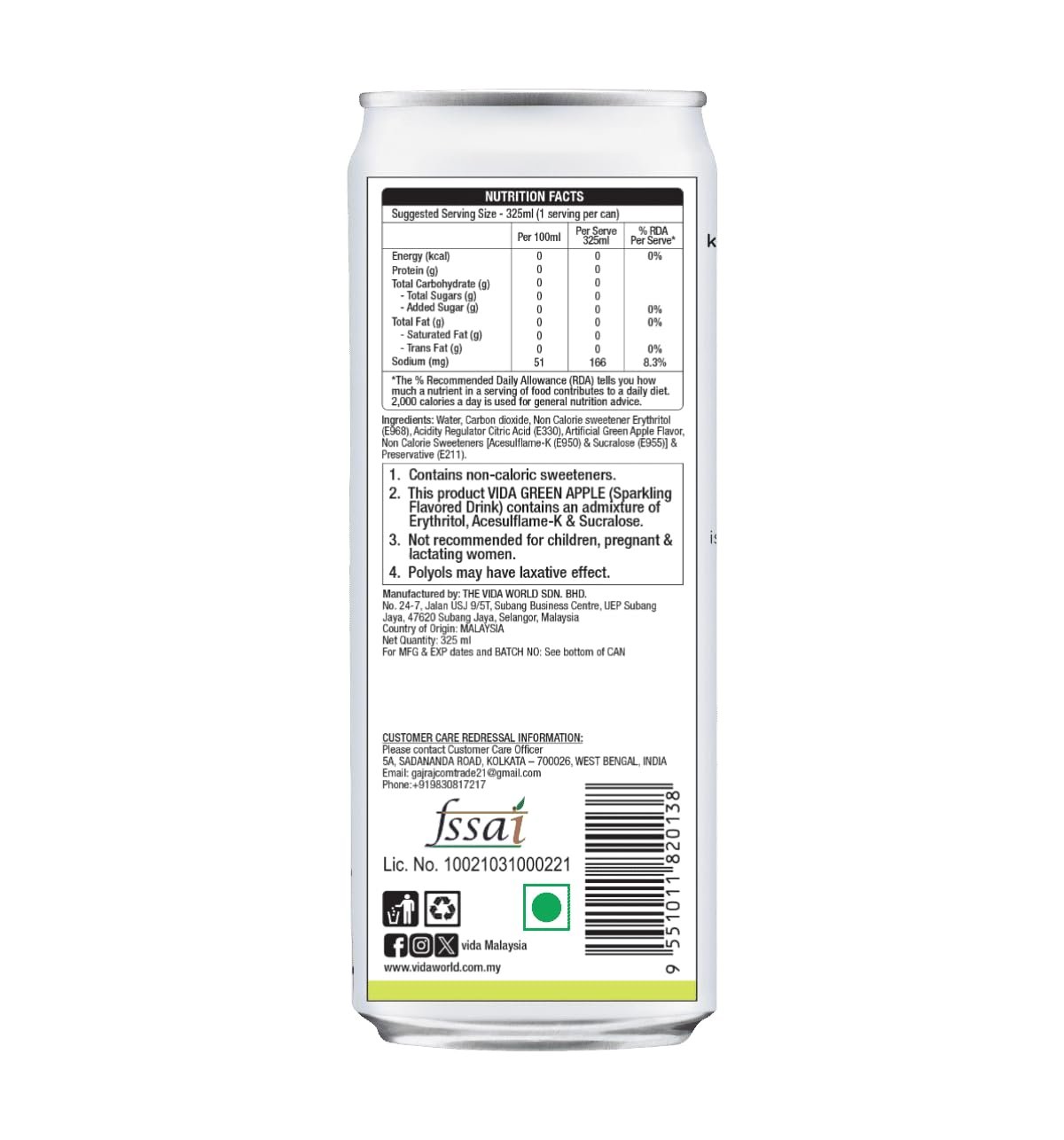 Vida Green Apple Sparkling Flavoured Drink 330ml (Pack of 2) - Image 2