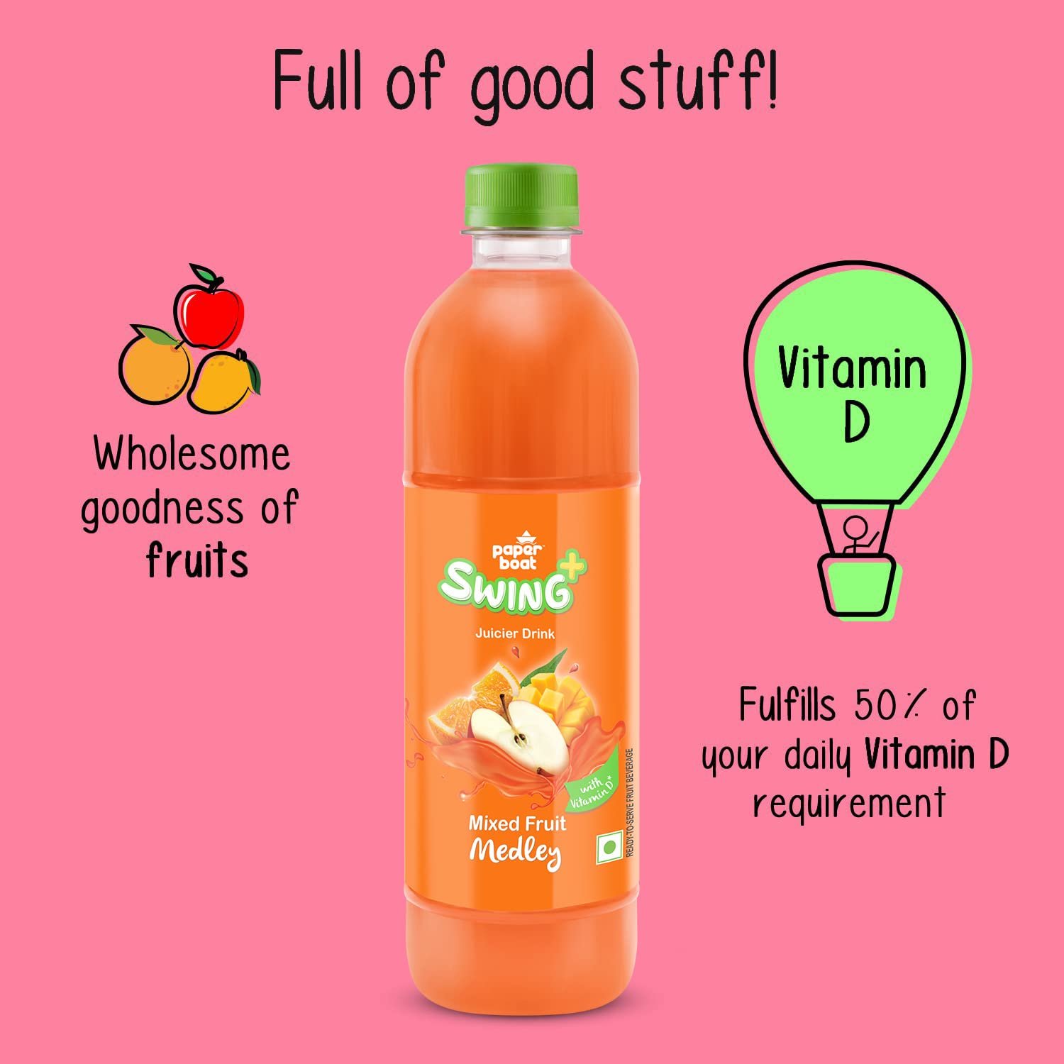 Paper Boat Swing Mixed Fruit Medley Juice, Enriched with Vitamin D, No Gmos, 600 ml - Image 2