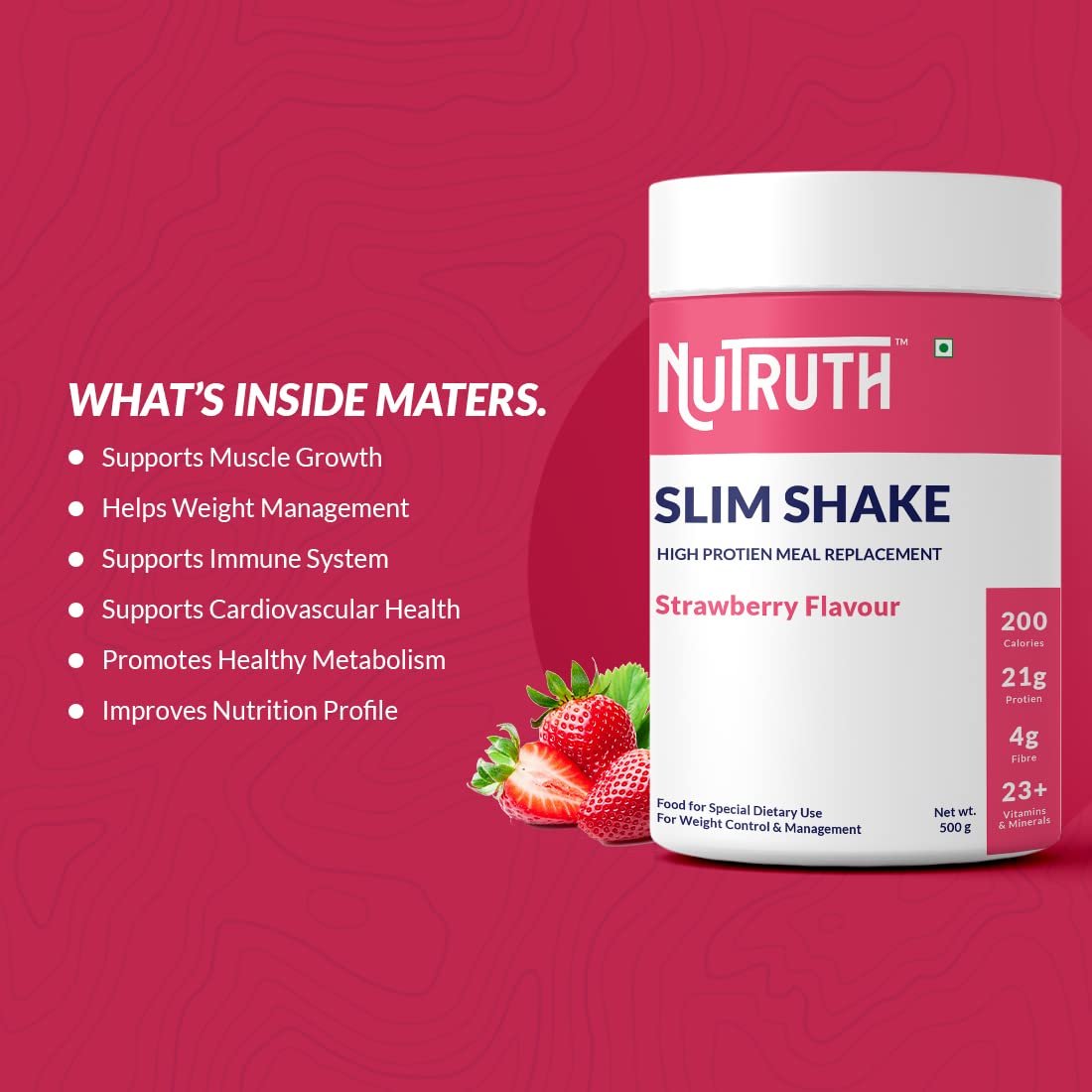 NUTRUTH-High Protein Meal Replacement Strawberry Flavoured Slim Shake | 21Gm Protein/Serving | Weight Control & Management Protein Shake (500 Gm) (Pack of 2) - Image 4