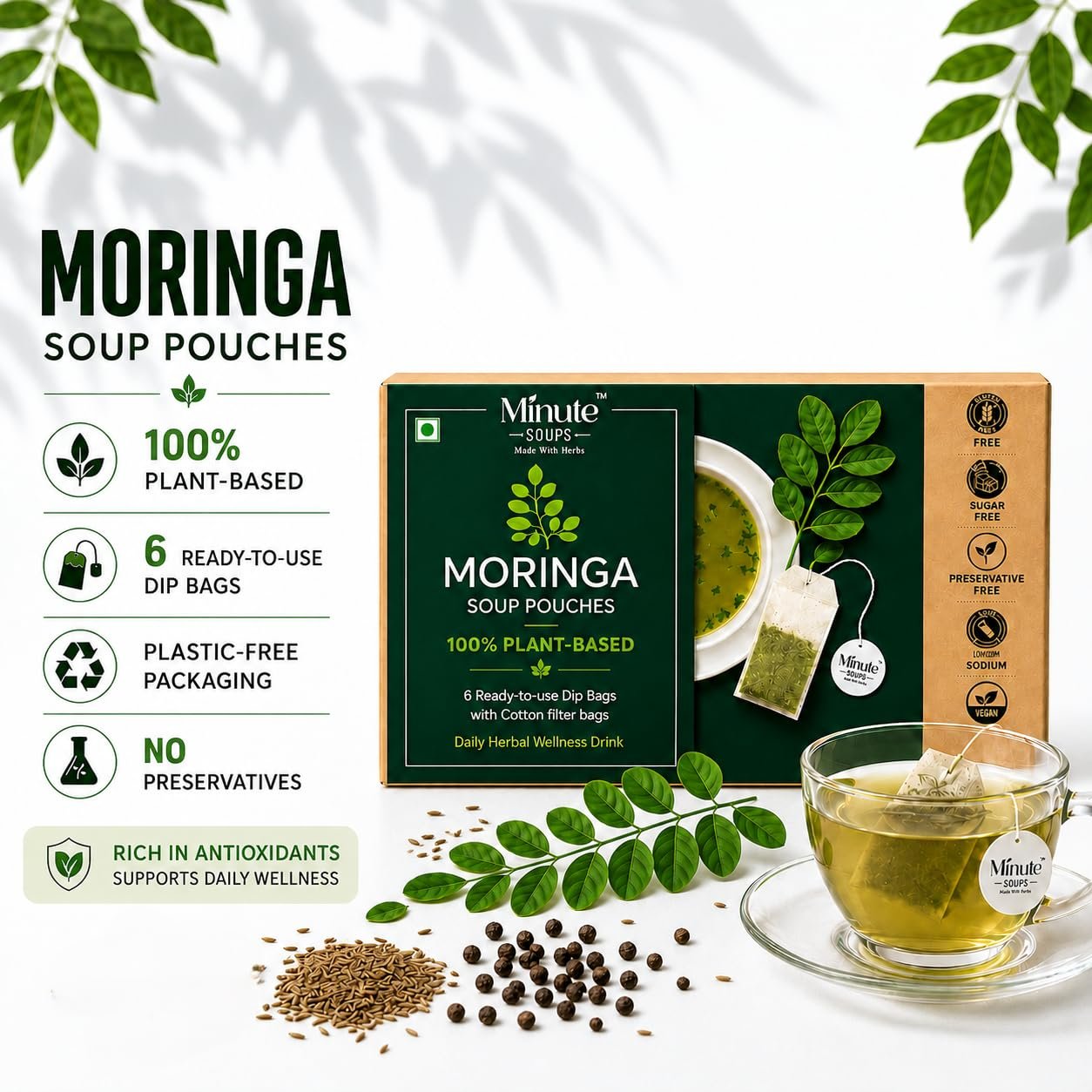 Minute Soups Moringa (Murungai Keerai) DipSoup Bags | Moringa Herbal Instant Soup | Drumstick Leaves Wellness Drink | Tea Bag StyleSoup | Instant Soup Packets | 6 Sachets (12g) - Image 2