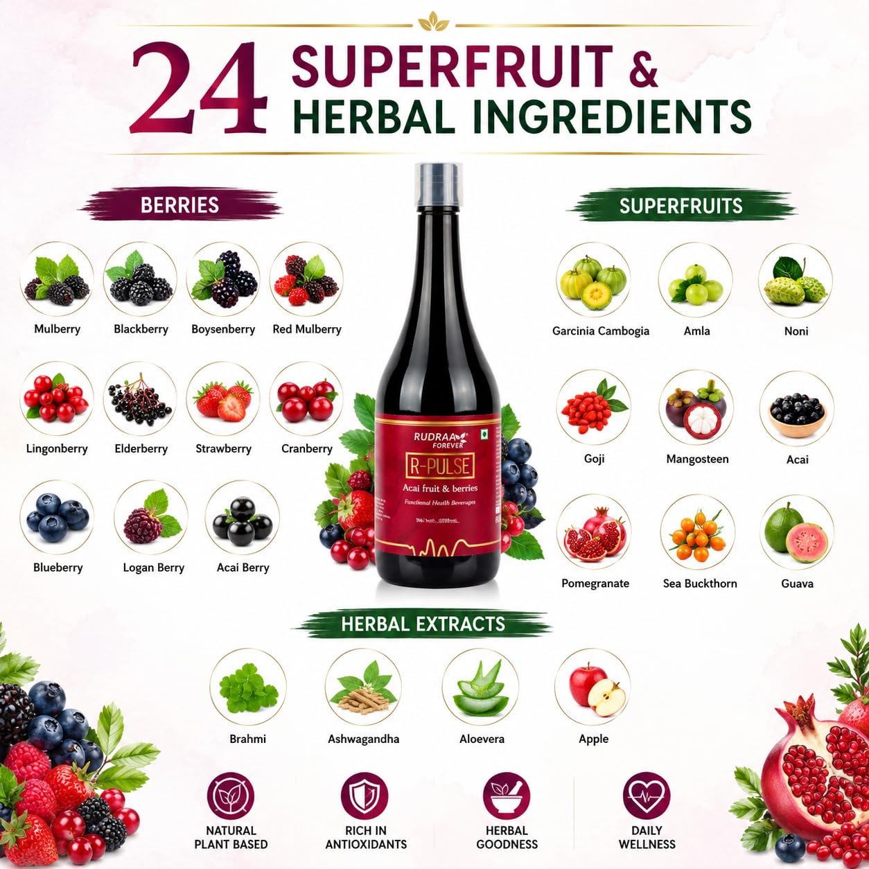 Rudraa Forever R-Pulse Acai Berry Juice 1000ml | Multi Berry Juice | Immunity booster drink | Detox drink for body cleansing | UTI support juice | - Image 2