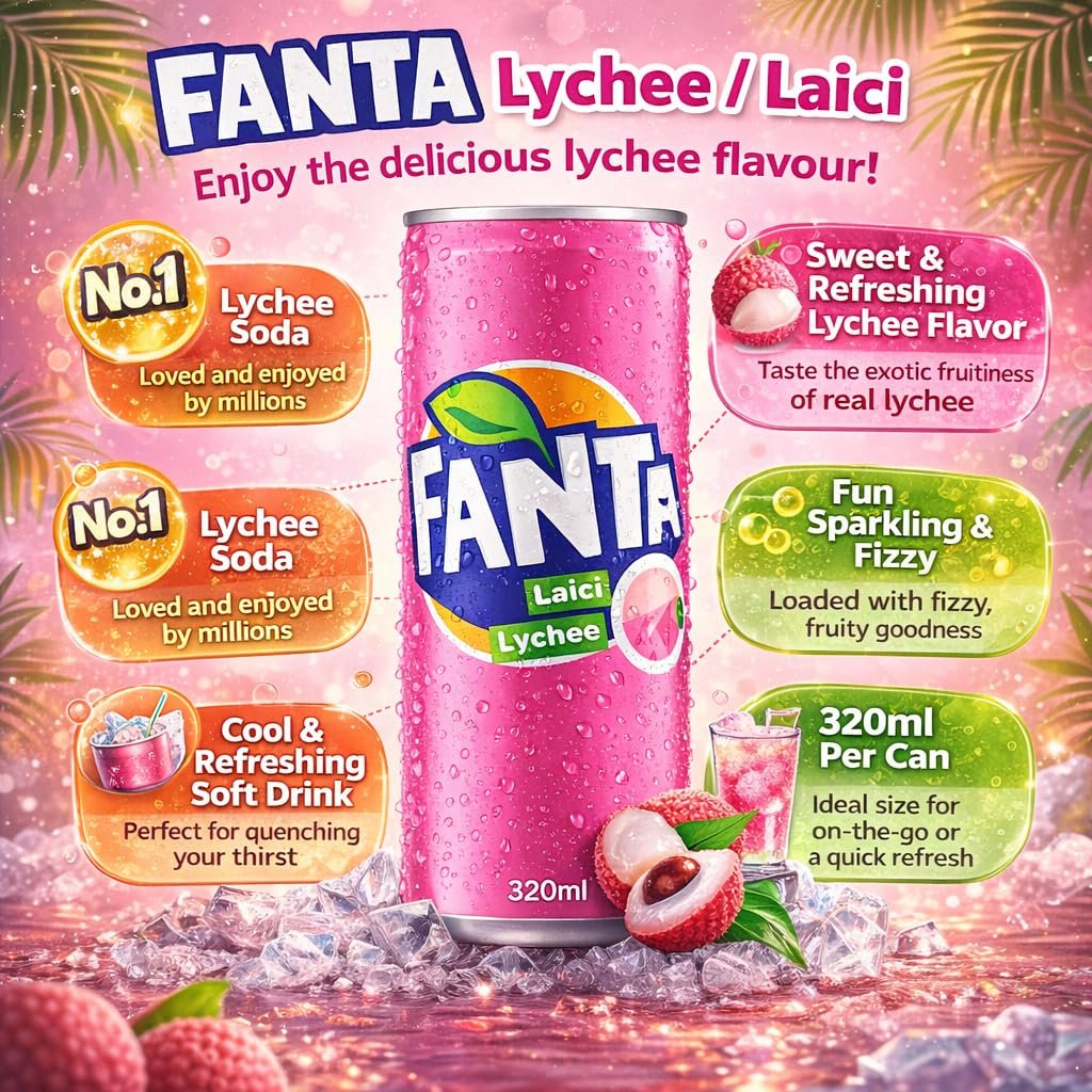 FANTA - Lychee Flavoured Carbonated Soft Drink (3 x 320ml), By COUGAR | Refreshing Fizzy Fruit Beverage | Sweet Tropical Lychee Taste | Chilled Ready To Drink Soda | Party & Everyday Refreshment Drink – (Imported - MALAYSIA) - Image 4