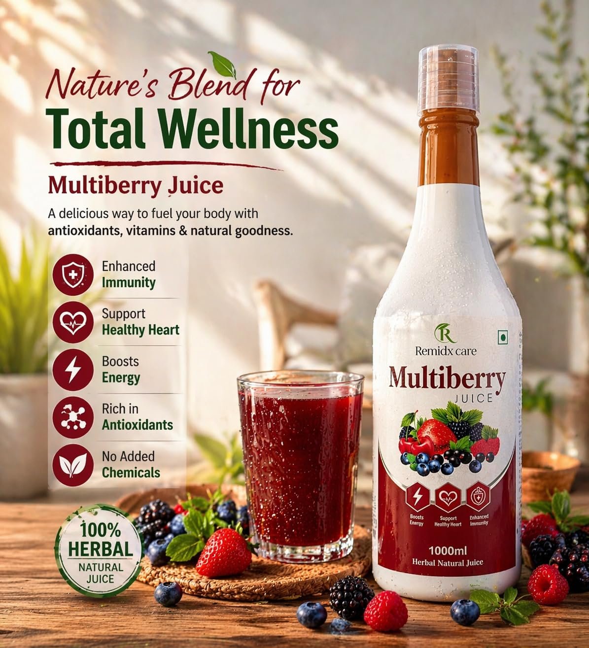 Multiberry Juice 1000ml Herbal Natural Drink with Blueberry Acai Berry Goji Noni Amla Ashwagandha Green Tea Mixed Fruit Wellness Beverage for Men & Women. - Image 4