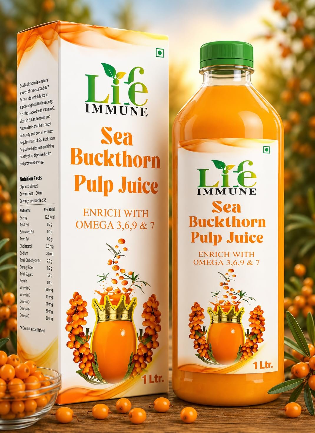 Life Immune Pure Sea Buckthorn Plub Juice, Enriched with Omega 3, 6, 9 & 7, 1 Ltr