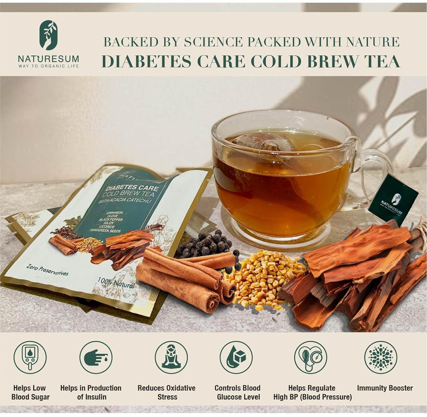 Naturesum Diabetic Care Tea for Diabetes Control, 30 Tea Bags, with Fenugreek (Methi Dana), Acacia Catechu & More, Insulin Resistant, Anti-Inflammatory & Immunity Booster Cold Brew - Image 4