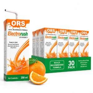 Electrorush Orange ORS Ready-to-Drink 200ml (Pack of 30) | Electrolyte Beverage | Hydration & Rehydration Drink with Sodium, Potassium & Dextrose | Orange Flavour | No Caffeine