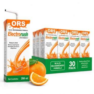 Electrorush Orange ORS Ready-to-Drink 200ml (Pack of 30) | Electrolyte Beverage | Hydration & Rehydration Drink with Sodium, Potassium & Dextrose | Orange Flavour | No Caffeine