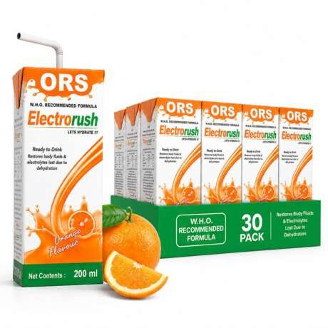 Electrorush Orange ORS Ready-to-Drink 200ml (Pack of 30) | Electrolyte Beverage | Hydration & Rehydration Drink with Sodium, Potassium & Dextrose | Orange Flavour | No Caffeine