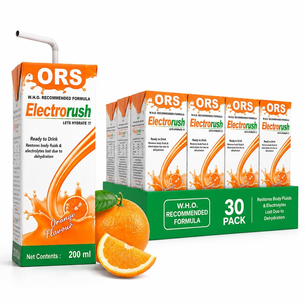 Electrorush Orange ORS Ready-to-Drink 200ml (Pack of 30) | Electrolyte Beverage | Hydration & Rehydration Drink with Sodium, Potassium & Dextrose | Orange Flavour | No Caffeine