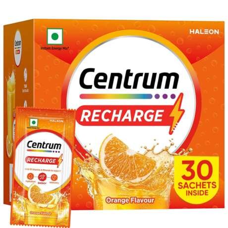 Centrum Recharge Energy Drink Mix with Vitamins & Minerals | For Energy, Hydration & Immunity | Vit. C, Vit. B12, Electrolytes, Magnesium, Biotin, Zinc & More | Orange Flavour - Pack of 30 Sachets