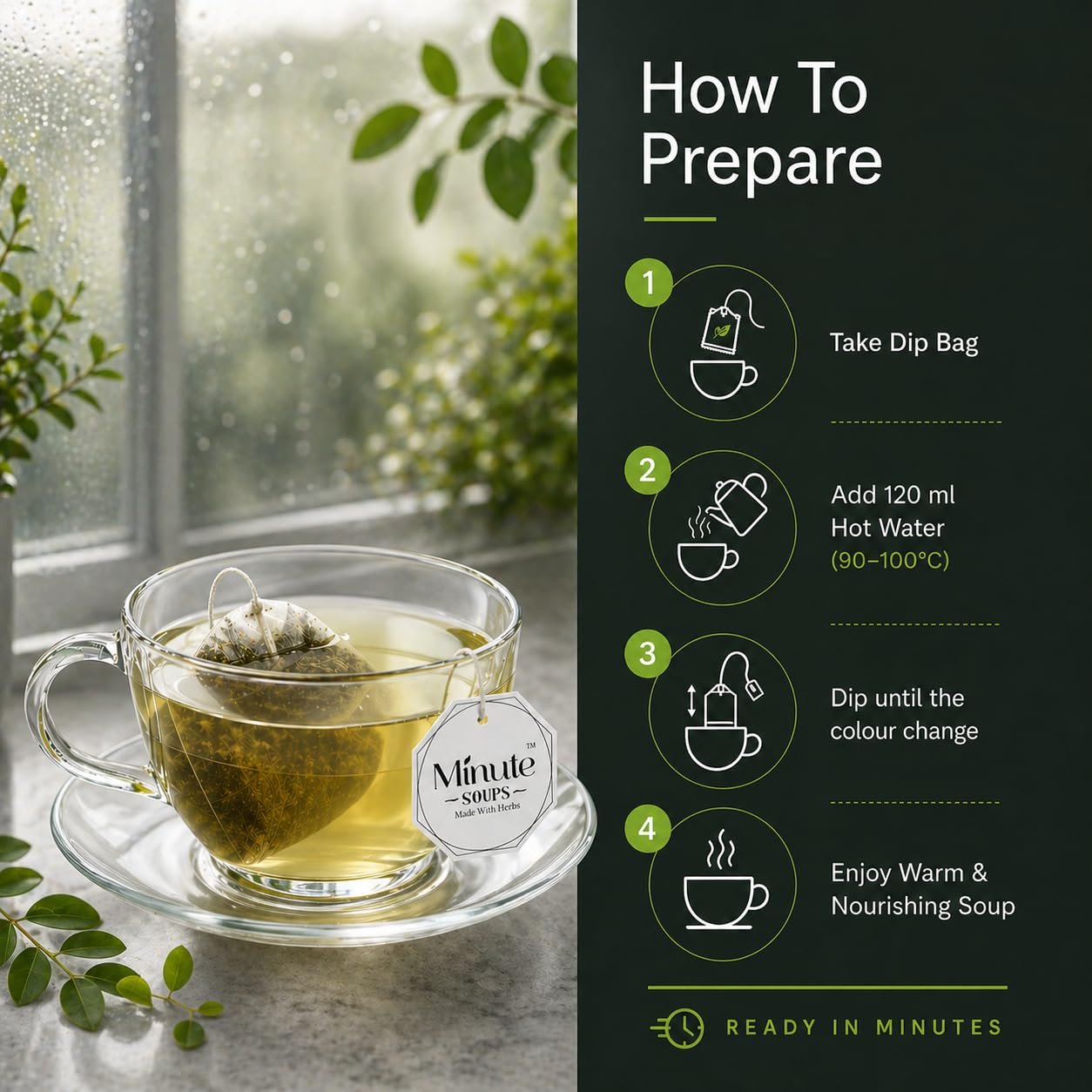 Minute Soups Moringa (Murungai Keerai) DipSoup Bags | Moringa Herbal Instant Soup | Drumstick Leaves Wellness Drink | Tea Bag StyleSoup | Instant Soup Packets | 6 Sachets (12g) - Image 6