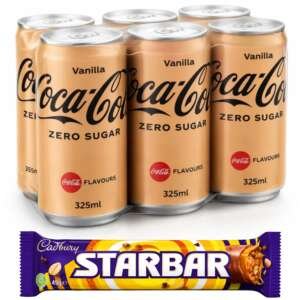 COCA COLA - Vanilla Zero Sugar Soft Drink Can (6 x 330ml) By COUGAR | Refreshing Cola Beverage with Smooth Vanilla Flavor | No Sugar Carbonated Drink | Crisp & Chilled Ready to Drink Soda | FREE 1 Cadbury Starbar – (Imported - THAI)
