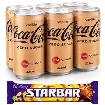 COCA COLA - Vanilla Zero Sugar Soft Drink Can (6 x 330ml) By COUGAR | Refreshing Cola Beverage with Smooth Vanilla Flavor | No Sugar Carbonated Drink | Crisp & Chilled Ready to Drink Soda | FREE 1 Cadbury Starbar – (Imported - THAI)
