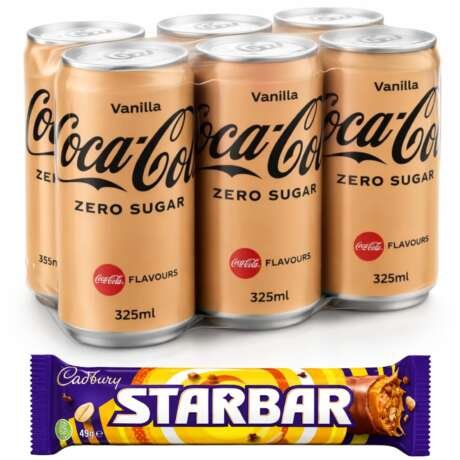 COCA COLA - Vanilla Zero Sugar Soft Drink Can (6 x 330ml) By COUGAR | Refreshing Cola Beverage with Smooth Vanilla Flavor | No Sugar Carbonated Drink | Crisp & Chilled Ready to Drink Soda | FREE 1 Cadbury Starbar – (Imported - THAI)