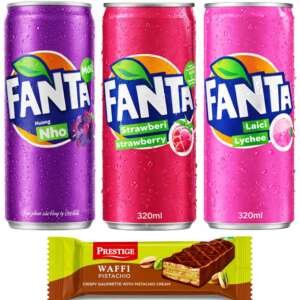 FANTA - Grape, Strawberry & Lychee Flavoured Carbonated Soft Drink Combo Pack (320ml) Each Cans By COUGAR | Refreshing Fizzy Fruit Beverages | FREE PRESTIGE PISTACHIO WAFFI INCLUDED | Chilled Ready To Drink Soda Pack – (Imported - MALAYSIA)