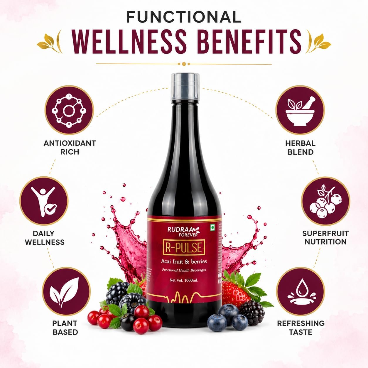 Rudraa Forever R-Pulse Acai Berry Juice 1000ml | Multi Berry Juice | Immunity booster drink | Detox drink for body cleansing | UTI support juice | - Image 3