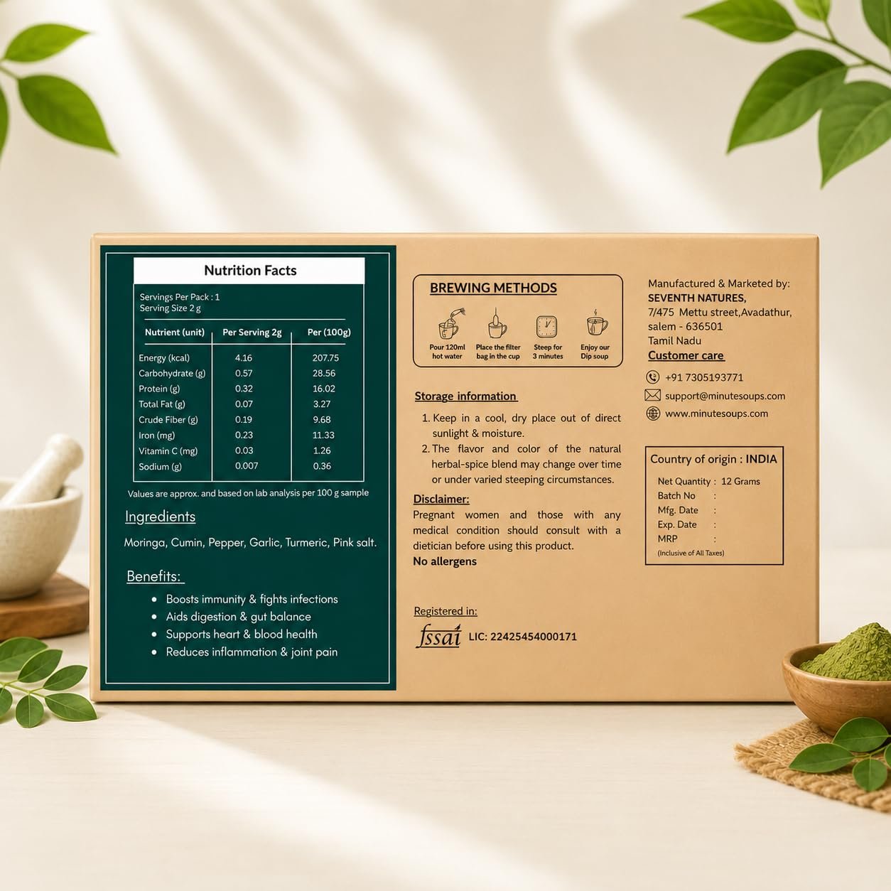 Minute Soups Moringa (Murungai Keerai) DipSoup Bags | Moringa Herbal Instant Soup | Drumstick Leaves Wellness Drink | Tea Bag StyleSoup | Instant Soup Packets | 6 Sachets (12g) - Image 3