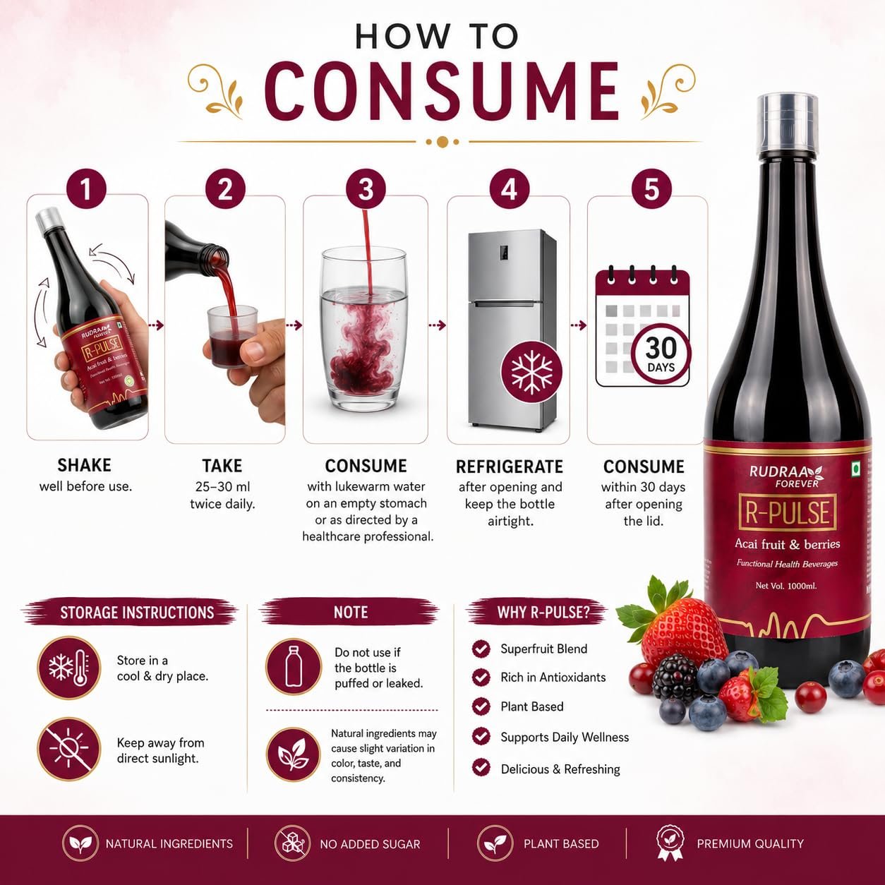 Rudraa Forever R-Pulse Acai Berry Juice 1000ml | Multi Berry Juice | Immunity booster drink | Detox drink for body cleansing | UTI support juice | - Image 5