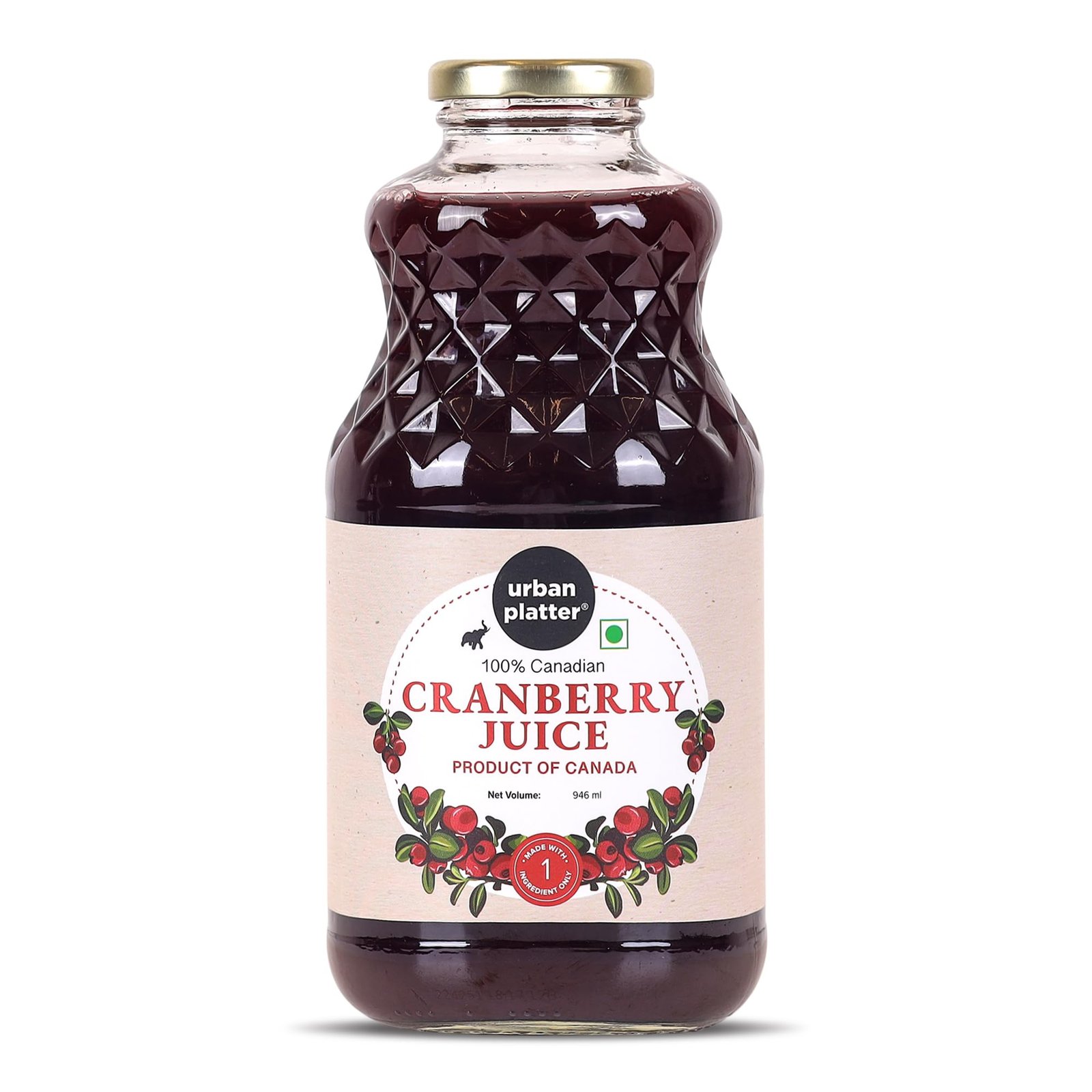 Urban Platter 100% Canadian Cranberry Juice, 946ml (Glass Bottle, No Added Sugar & Preservative-Free, Antioxidant-Rich, Supports UTI Health, Ideal for Cocktails & Mocktails)
