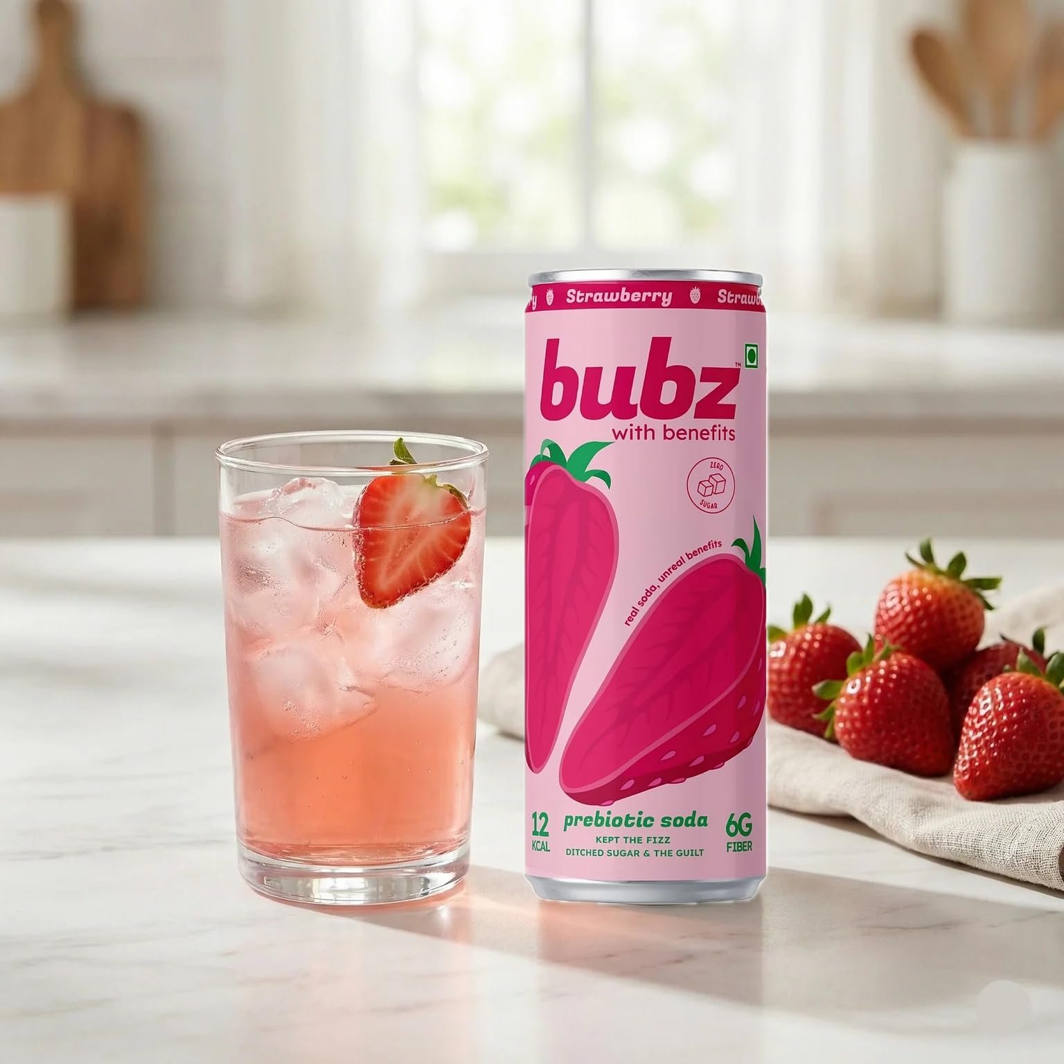 Bubz Strawberry Prebiotic Soda | 0g Added Sugar, 12 Kcal Per Can, 6g Prebiotic Fiber | Strawberry Flavor | 250 ml Can | Pack of 6 Low Calorie Soda Drink - Image 4