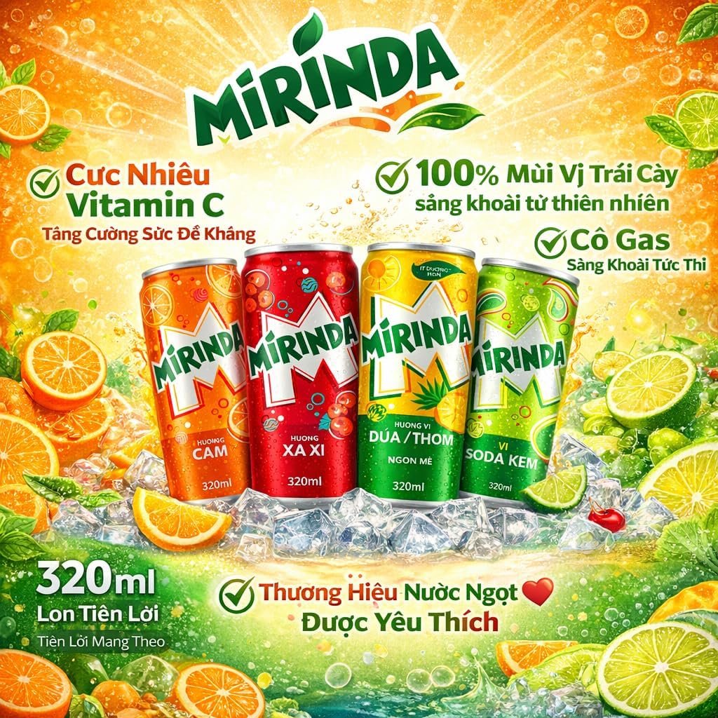 Mirinda Carbonated Soft Drink, Vairety Pack Orange, Sarsaparilla and Cream Soda Flavours, 320ml X 6 Cans, (Product Of Vietnam) From Decadent Foods - Image 3