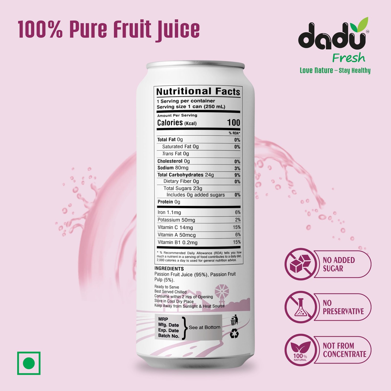 Dadu Fresh Passion Fruit Juice | Vitamin C & Antioxidant-Rich Exotic Drink | Supports Immune Health, Digestive Wellness & Skin Glow | No Added Sugar | Naturally Refreshing - 250 ML (Pack of 6) - Image 4