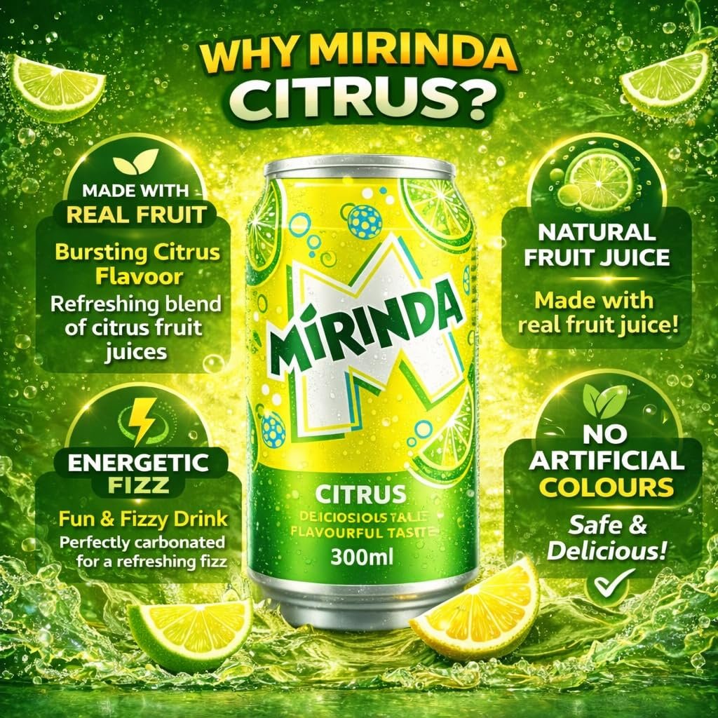 Mirinda Citrus Carbonated Soft Drink (Pack of 6) 300ml Can By COUGAR, Refreshing Fizzy Citrus Soda, Delicious & Flavourful Sparkling Beverage, Sweet & Tangy Taste, Ready to Serve Chilled, Single Serve Can for Parties & Everyday Refreshment - (Imported-UAE - Image 3