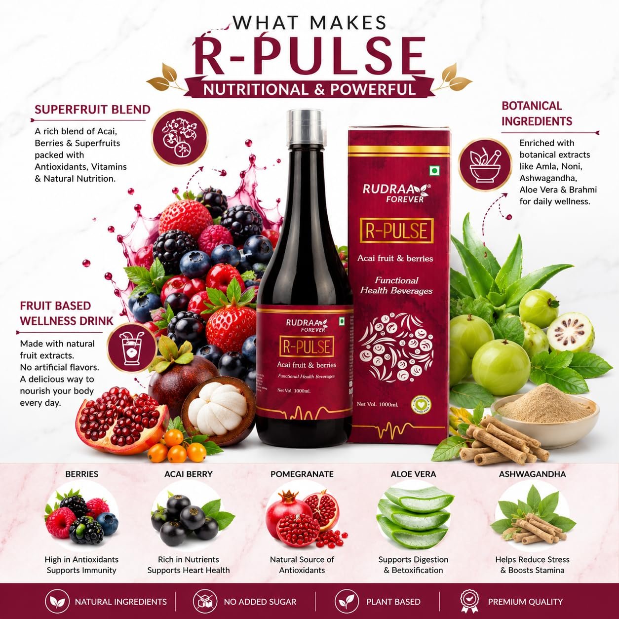 Rudraa Forever R-Pulse Acai Berry Juice 1000ml | Multi Berry Juice | Immunity booster drink | Detox drink for body cleansing | UTI support juice | - Image 7
