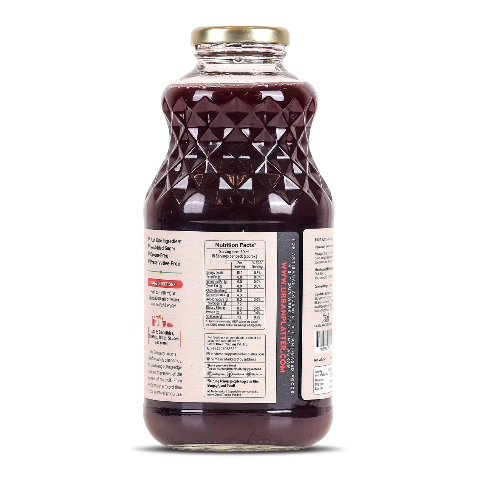 Urban Platter 100% Canadian Cranberry Juice, 946ml (Glass Bottle, No Added Sugar & Preservative-Free, Antioxidant-Rich, Supports UTI Health, Ideal for Cocktails & Mocktails) - Image 2
