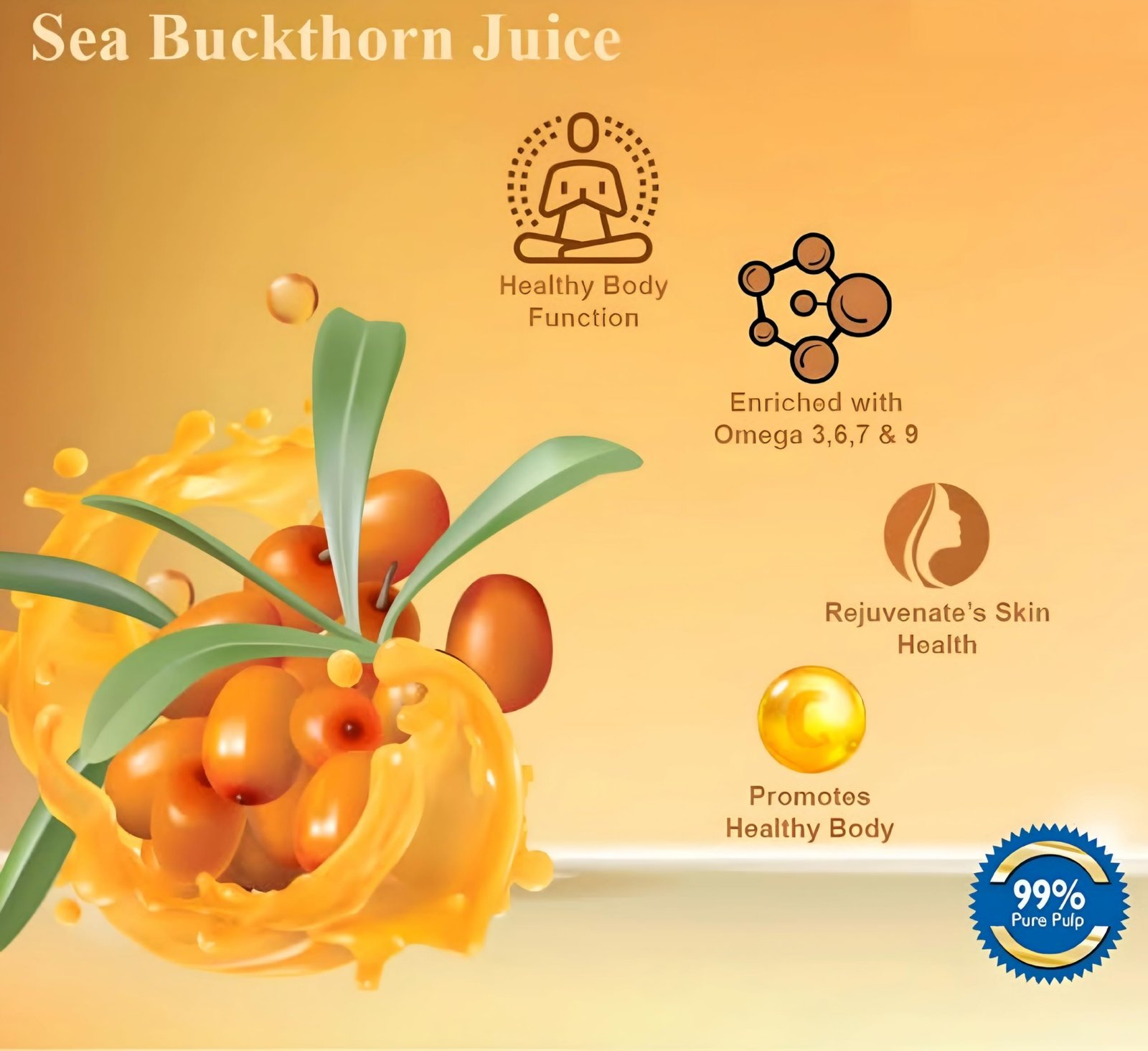 Life Immune Pure Sea Buckthorn Plub Juice, Enriched with Omega 3, 6, 9 & 7, 1 Ltr - Image 3