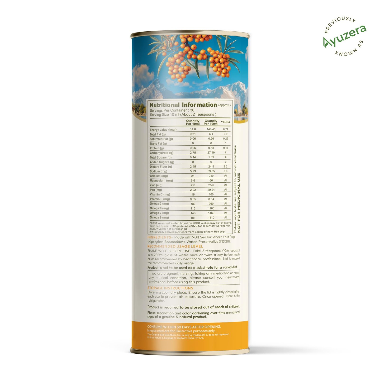 Ayuzera (Wellwith) Himalayan Sea Buckthorn Pulp Concentrate 300ml | Cold-Pressed | Makes 50 Glasses | Natural Vitamin C, Omega 3 6 7 9, Antioxidants | Immunity, Skin Glow & Gut Health Support | Juice Seabuckthorn - Image 9