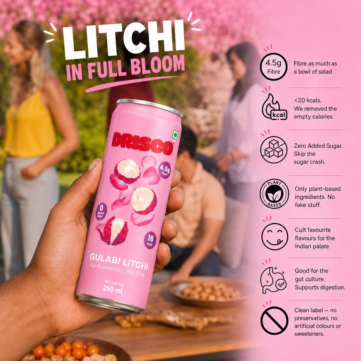 DRISCO Gulabi Litchi Prebiotic Fruit Drink , Pack of 6 x 250ml | Low Calorie (18 Kcal), 4.5g Fibre, Zero Added Sugar | Sweetened with Monk Fruit and Stevia | No Preservatives | Non-Carbonated Gut Health Drink | Rose Litchi - Image 5